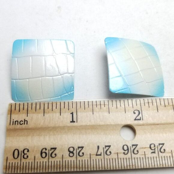 Vintage Light Blue and White Enamel Square Stud Earrings, Textured Surface - Picture 4 of 6